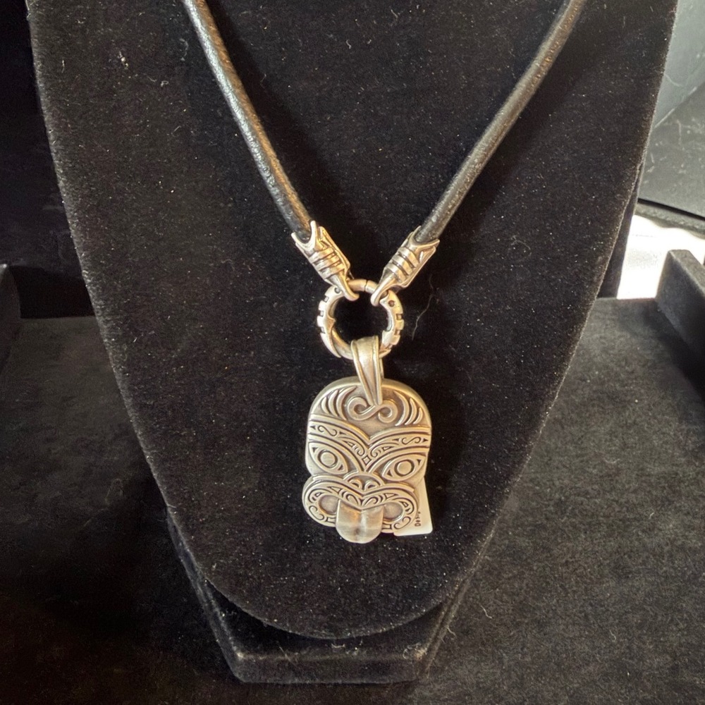 Bico Australia Tiki Mask Pendant Necklace Black Leather Cord 25in Tribal Pewter